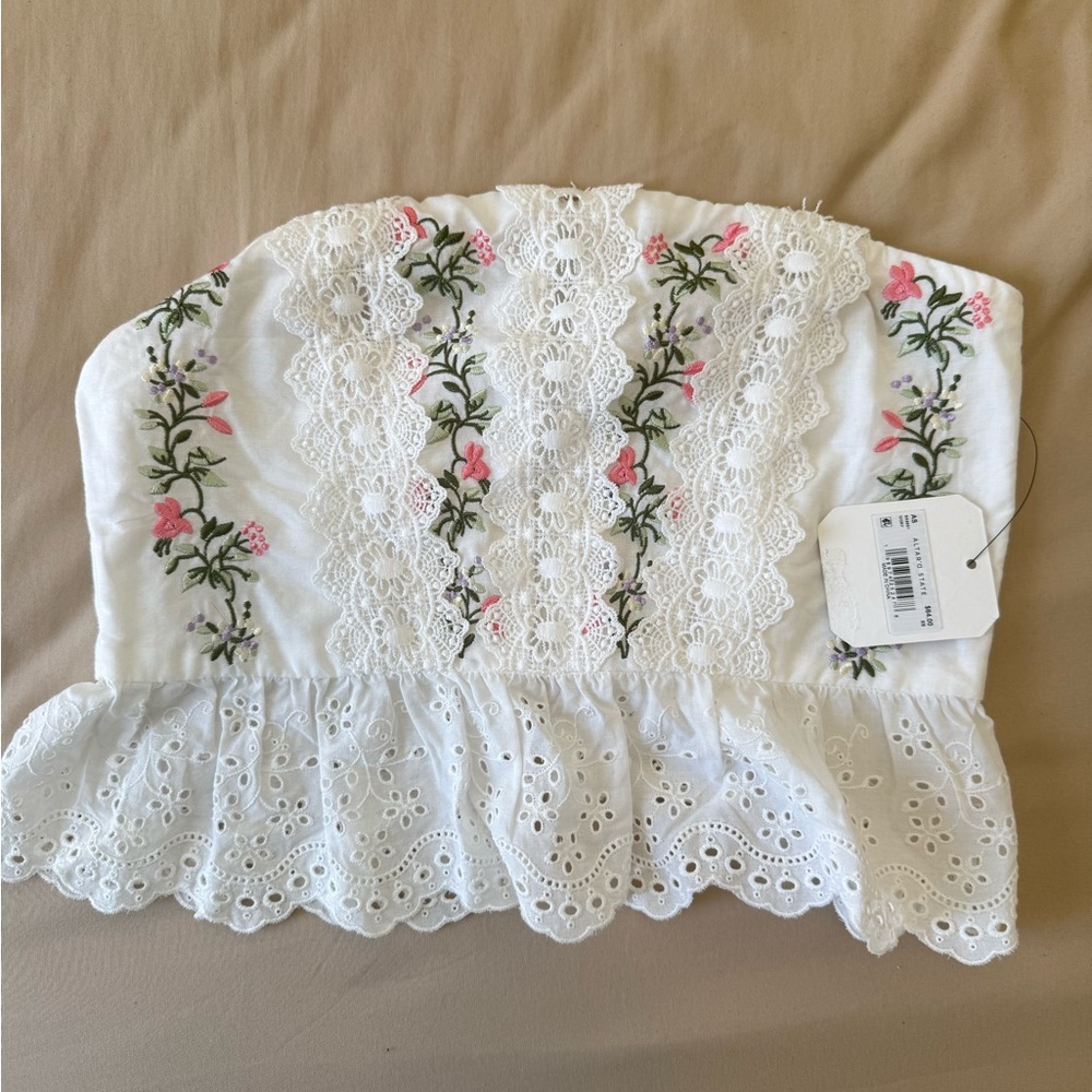 Altar'd State White Top with Pink Floral Embroidery
